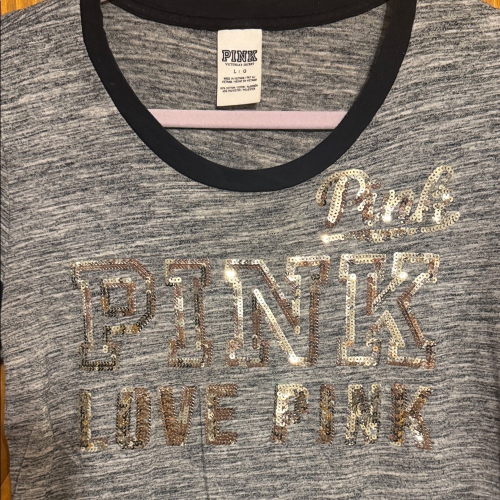 PINK Victoria's Secret Gray Ringer Tee with Black Trim & Gold  Logo - Picture 2 of 5
